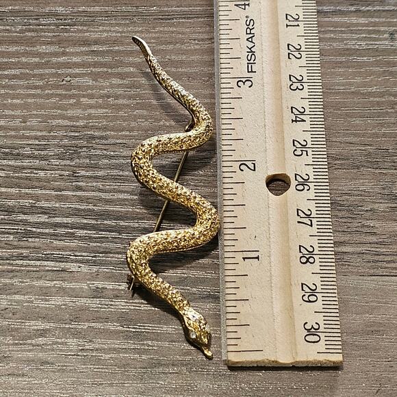 Vintage Gold Slithering Snake Brooch with Rhinestone Eyes - Picture 4 of 5